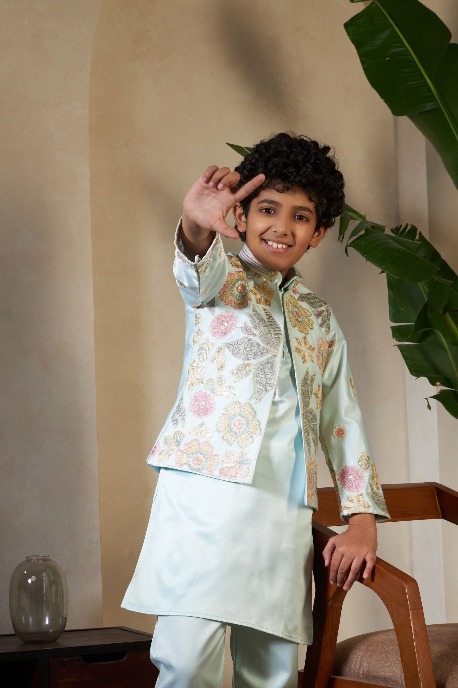 Pista Pure Satin Silk Kids Boy Kurta Pajama With Koti Jacket 