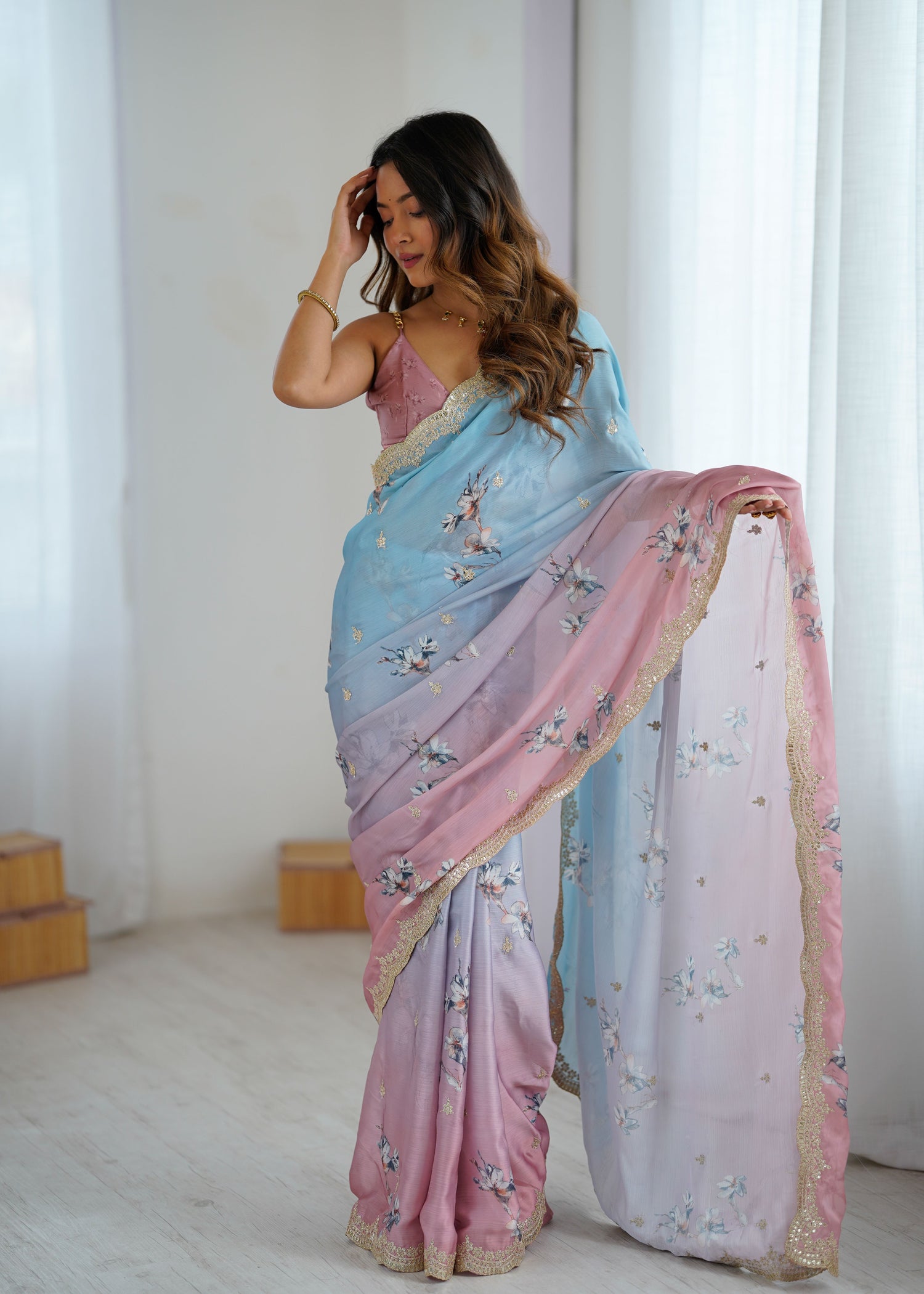 Aqua Pink Two Tone Satin Silk Sequins Embroidery Ready to Wear Saree 