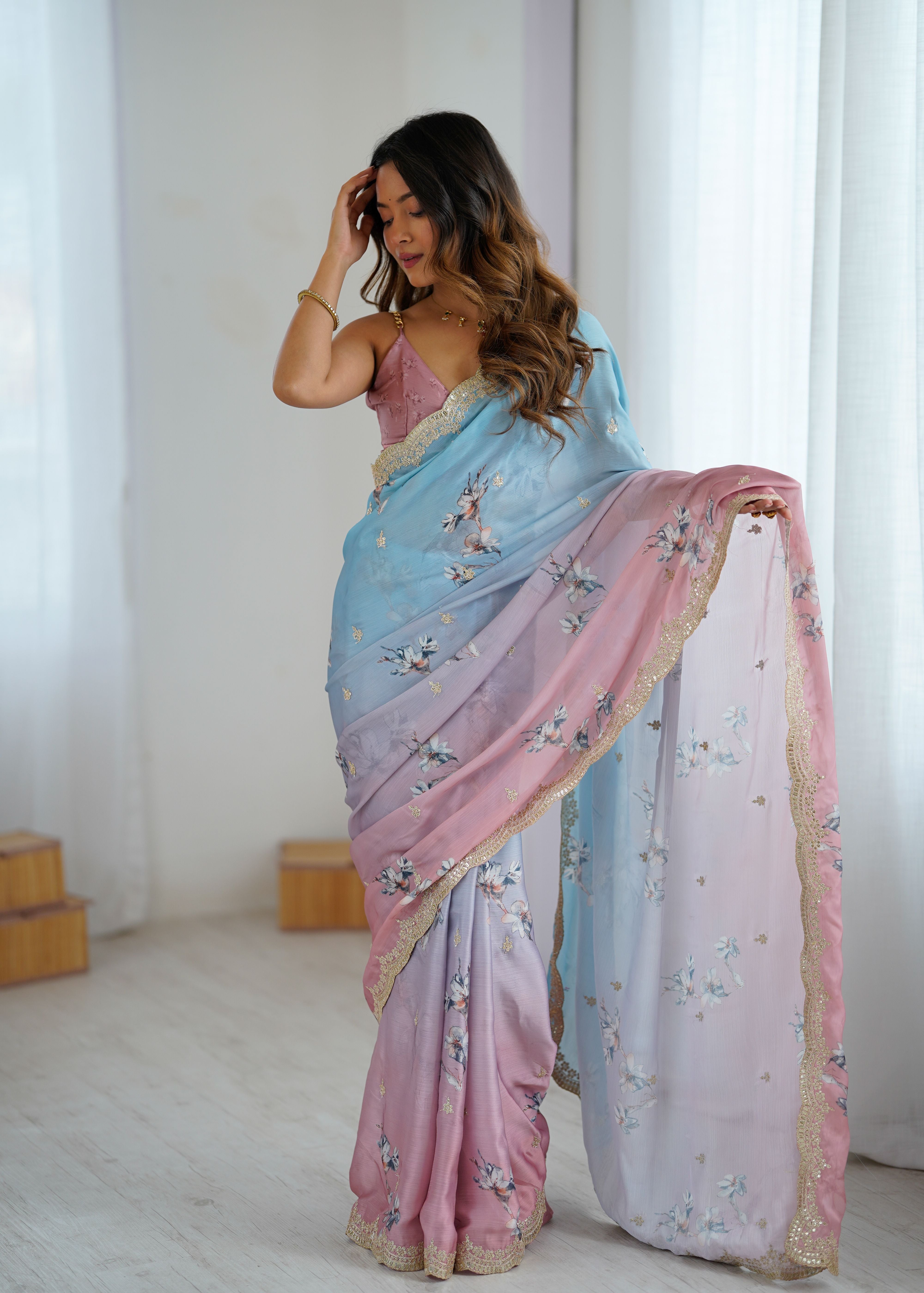 Aqua Pink Two Tone Satin Silk Sequins Embroidery Ready to Wear Saree ##color## Ready to Wear Saree with premium fabric and embroidery
