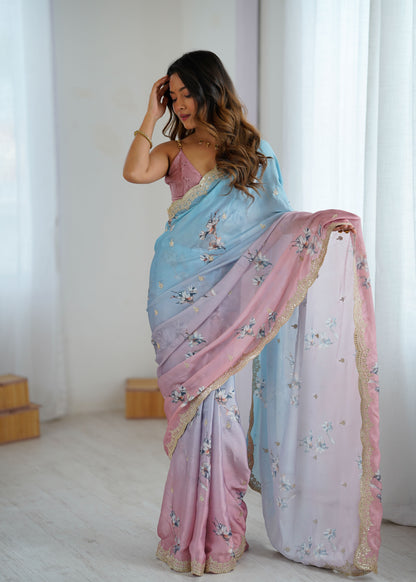 Aqua Pink Two Tone Satin Silk Sequins Embroidery Ready to Wear Saree 