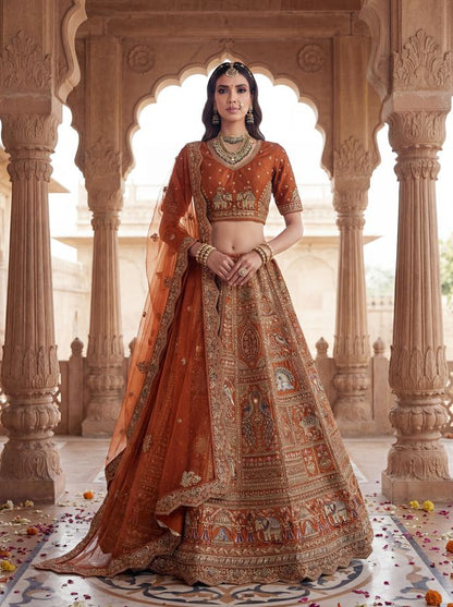 Orange Pure Soft Gadwal Silk Heavy Embroidery Work Bridal Lehenga 