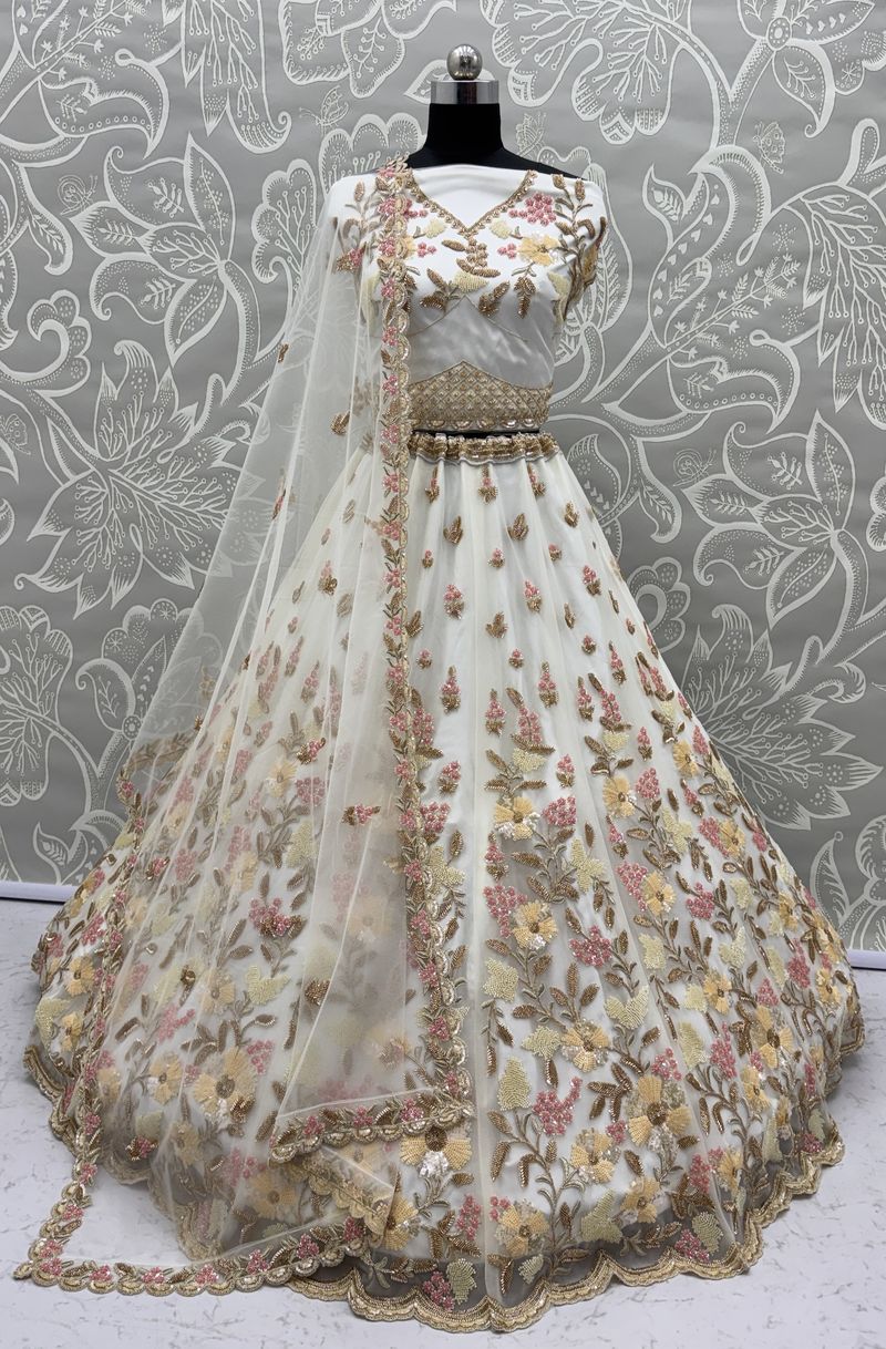 White Pure Soft Heavy Net Sequins Embroidery Work Bridal Lehenga 