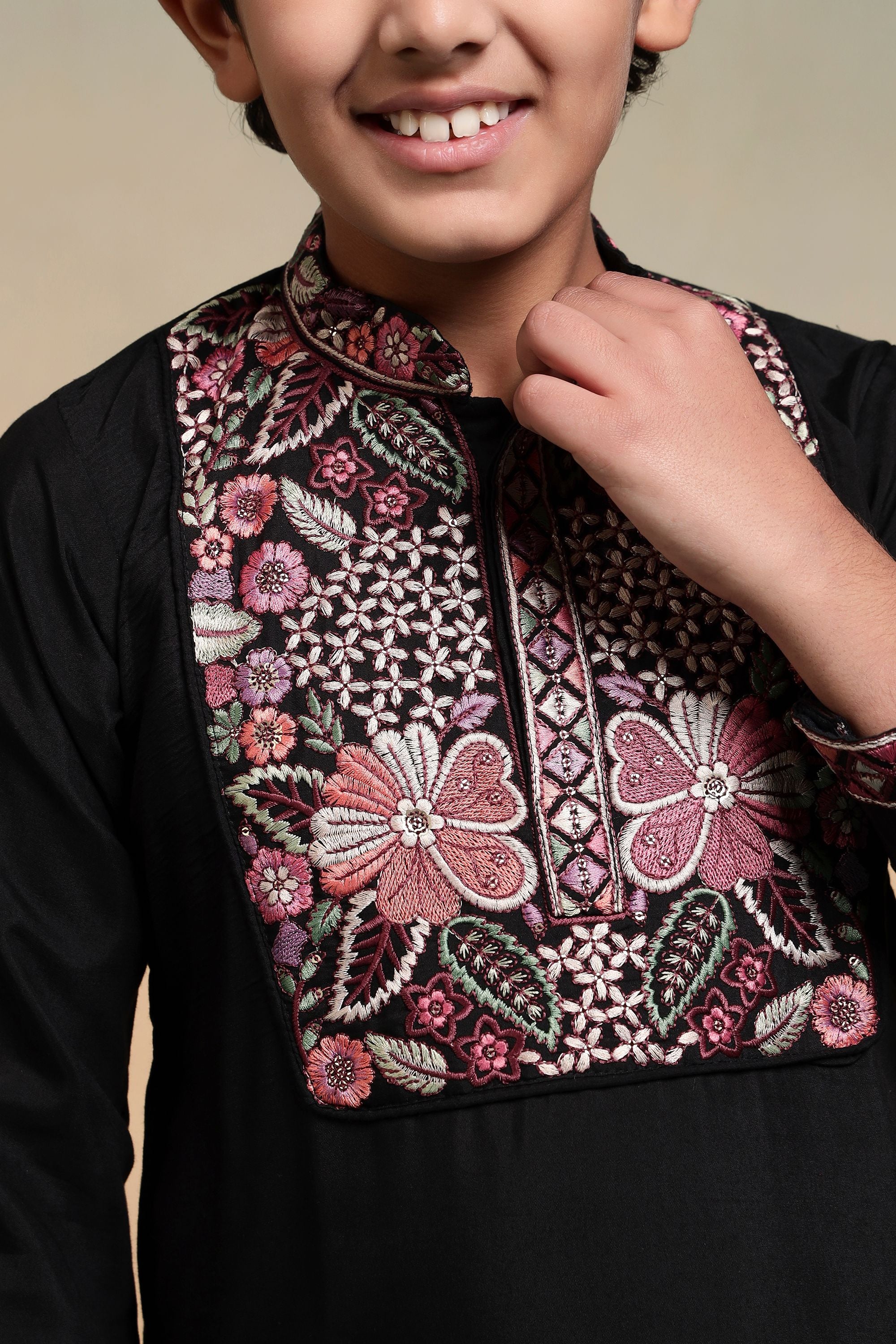 Black Pure Viscose Silk Kids Boy Kurta Pajama 