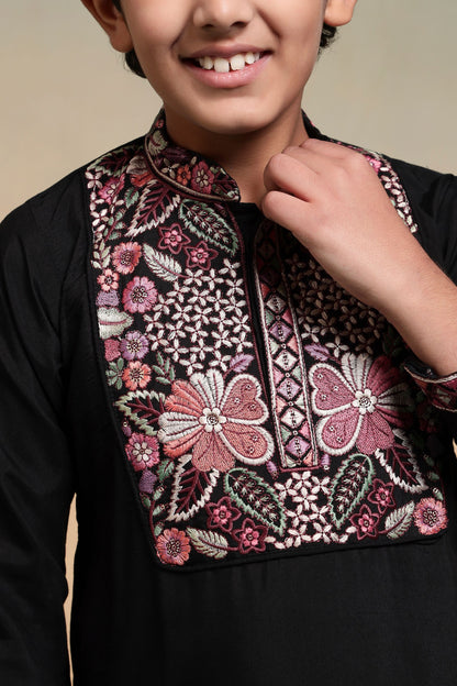 Black Pure Viscose Silk Kids Boy Kurta Pajama 
