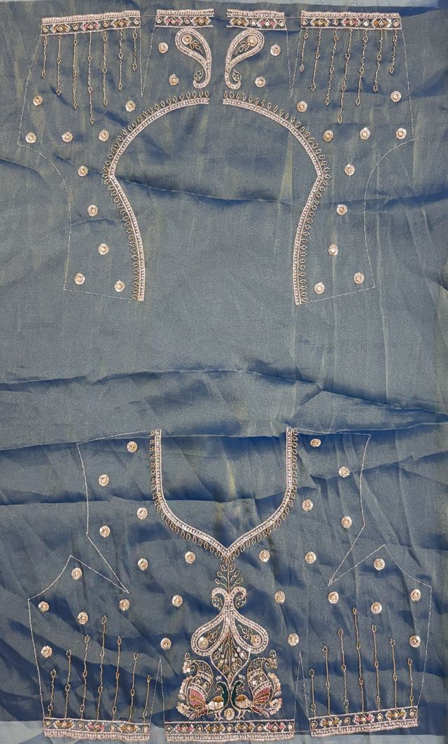Teal Blue Pure Chandnia Silk Handwork Motif Peacock Pattern Crystal Beads Multi Thread Dori and Sequins Work Bridal Lehenga Choli