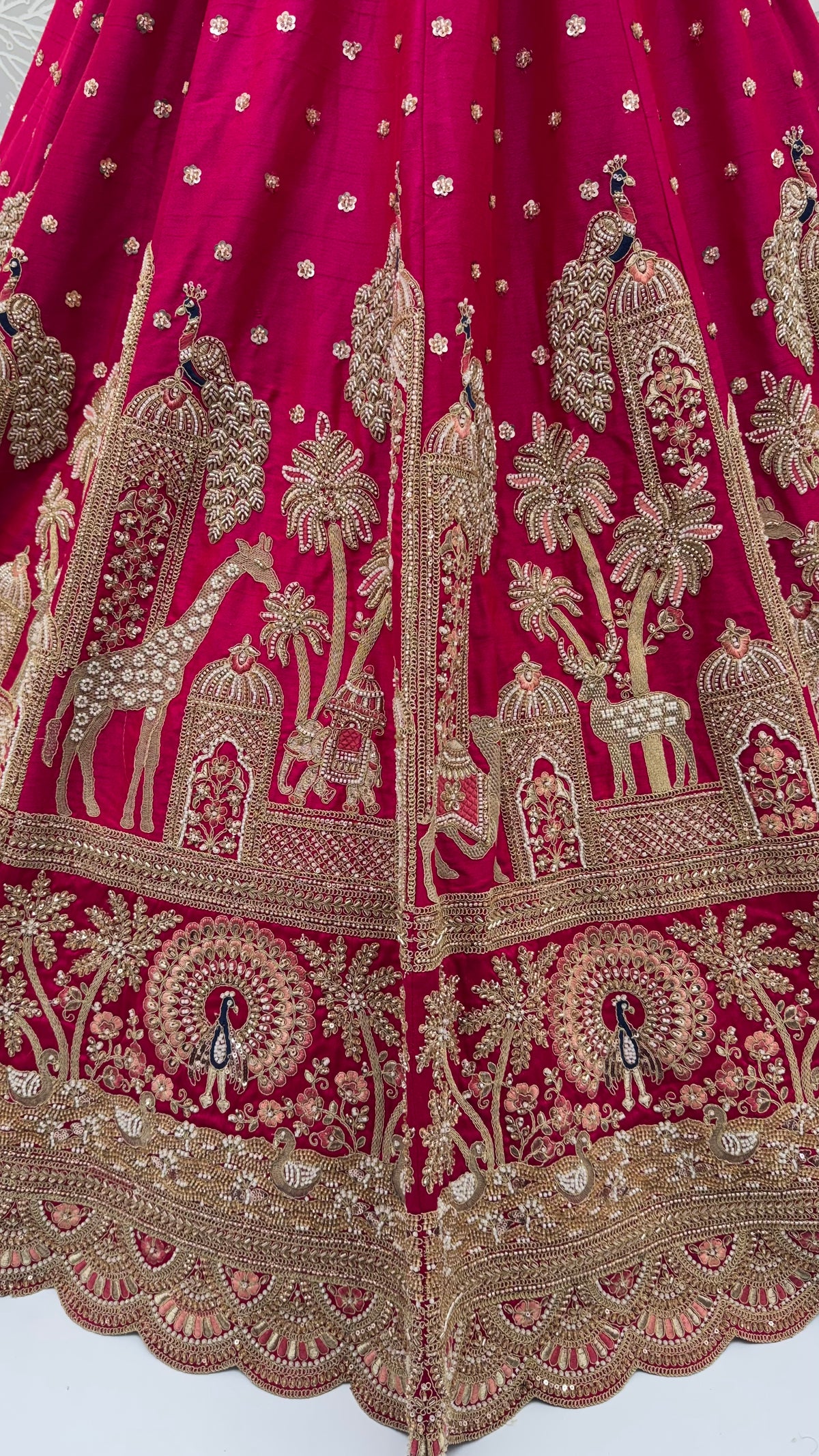 Red Pure Premium Gharwal Siik Peacock &amp; Giraffe Thread &amp; Zari Handwork Crystal Motif 
Sequins Work Bridal Lehenga Choli