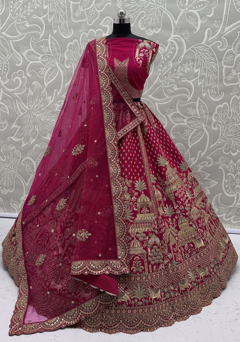 Pink Pure Soft Net Heavy Embroidery Work Bridal Lehenga