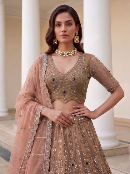 Peach Pure  Fendi Tussaud Silk Crystal Beads work Multi Thread Dori and Sequins Work Sequins Work Bridal Lehenga Choli