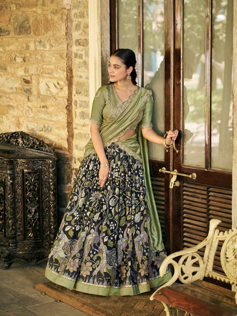 Black Pure Soft Tussar Silk Kalamkari Print Lehenga Choli