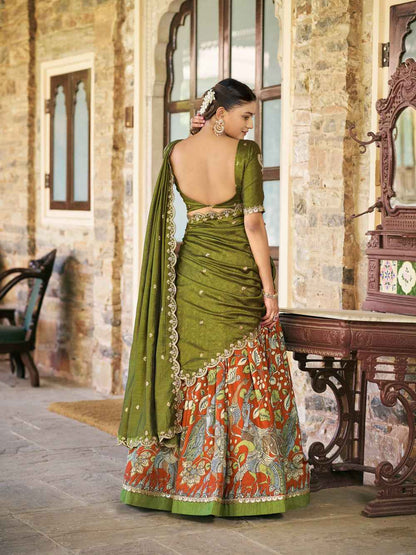 Rust Pure Soft Tussar Silk Kalamkari Print Lehenga Choli