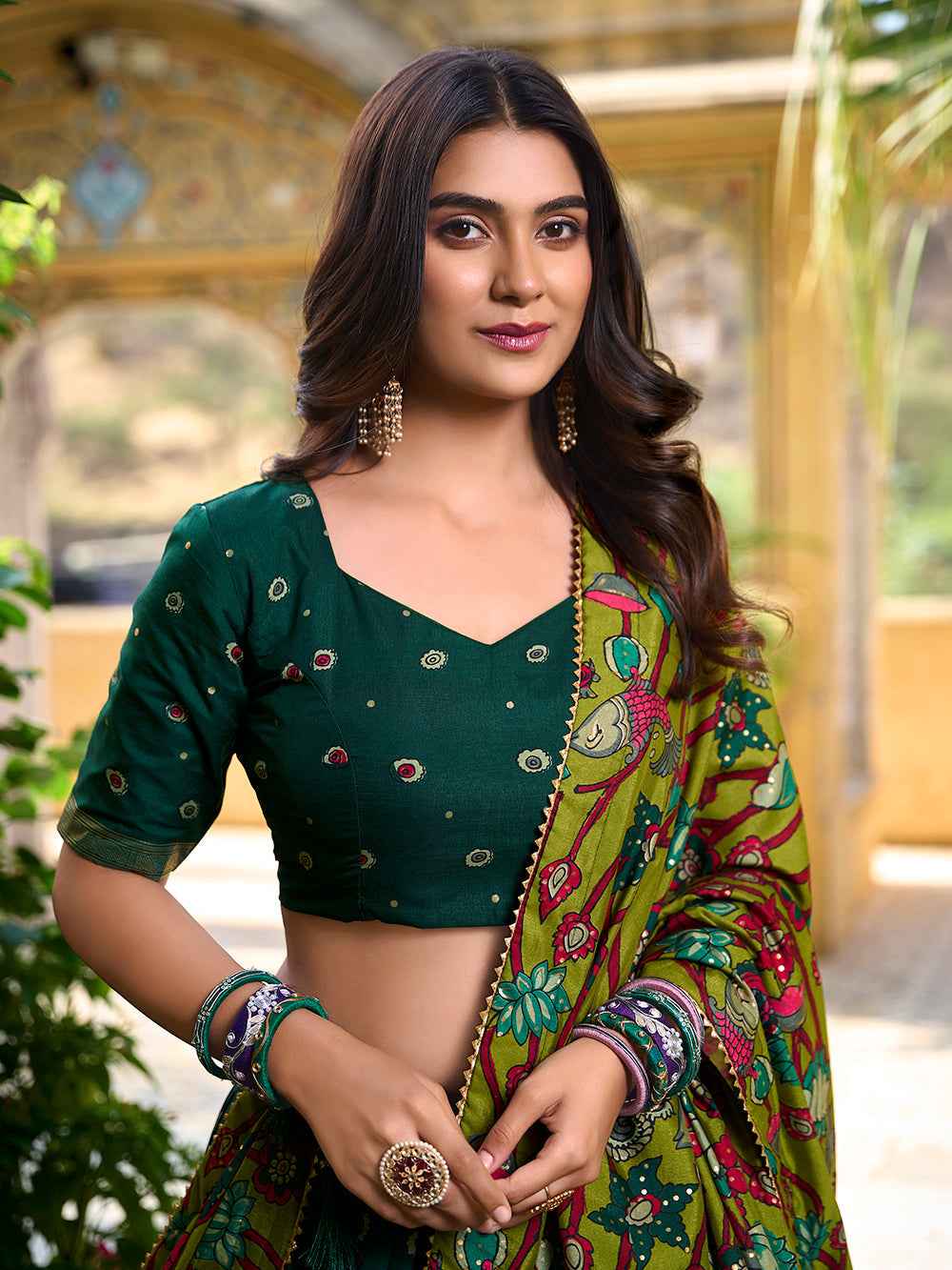 Green Pure Tasar Silk Kalamkari Print With Foil Work Lehenga Choli