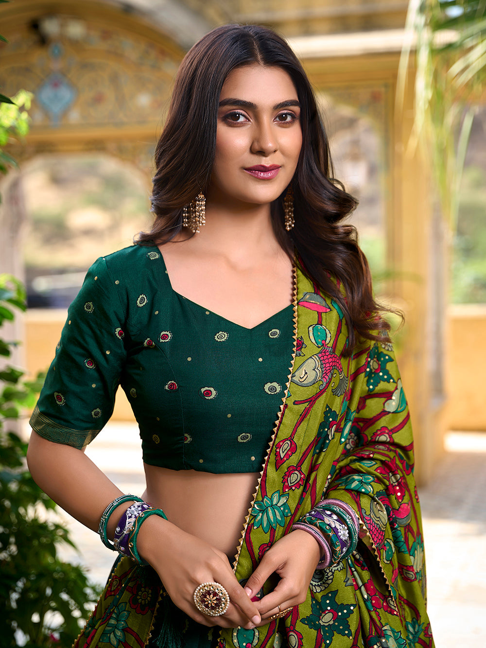 Green Pure Tasar Silk Kalamkari Print With Foil Work Lehenga Choli