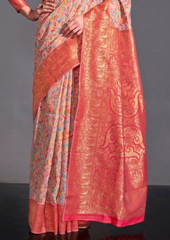 Beige Color Pure Knaaz Silk Modal Kashmiri Chaap Handloom Weaving Silk Saree