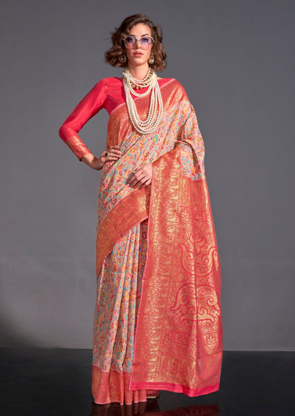 Beige Color Pure Knaaz Silk Modal Kashmiri Chaap Handloom Weaving Silk Saree
