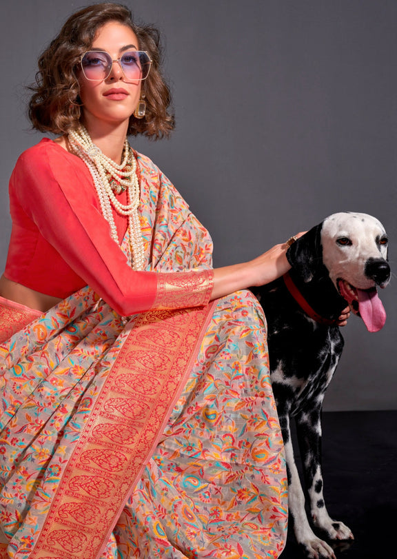 Beige Color Pure Knaaz Silk Modal Kashmiri Chaap Handloom Weaving Silk Saree