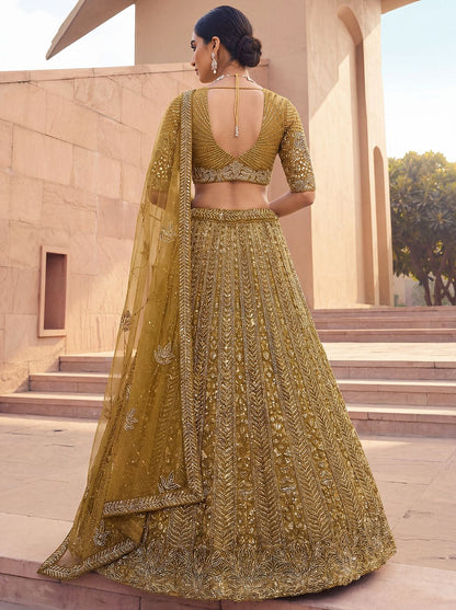 Golden Pure Soft Net Heavy Embroidery Work Bridal Lehenga 