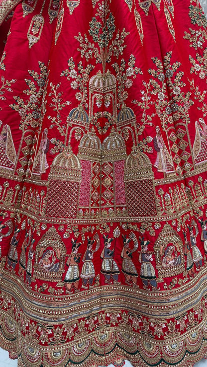 Red Pure Soft Gadwal Silk Heavy Embroidery Work Bridal Lehenga 