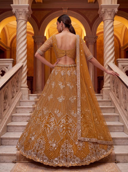 Yellow Pure Heavy Net Motif Handwork Zari Sequins Work Bridal Lehenga Choli