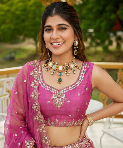 Pink Pure Soft Net Heavy Embroidery Work Bridal Lehenga