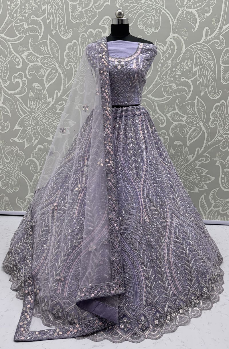Lilac Pure Soft Heavy net Silk Heavy Embroidery Work Bridal Lehenga