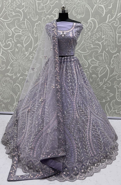Lilac Pure Soft Heavy net Silk Heavy Embroidery Work Bridal Lehenga