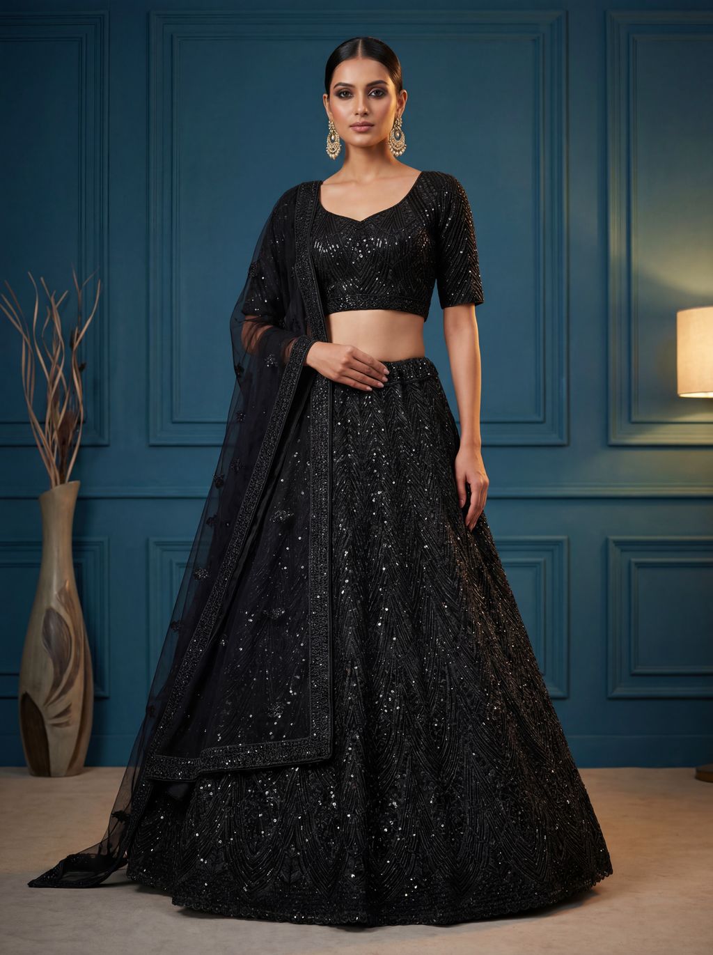 Black Pure Soft Net Heavy Embroidery Work Bridal Lehenga 