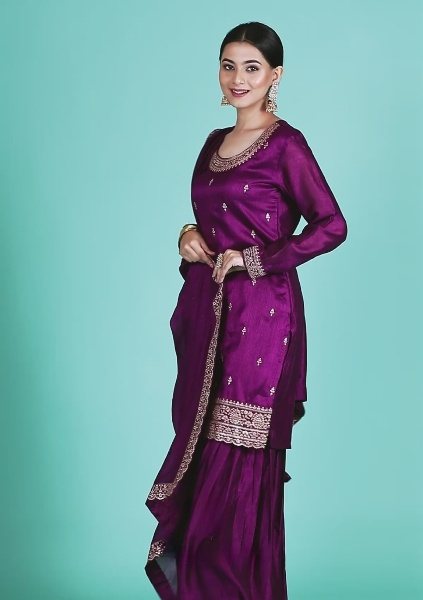 Purple Embroidered Sharara Suit Set