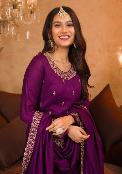 Wedding wear vichitra silk sharara set in purple

