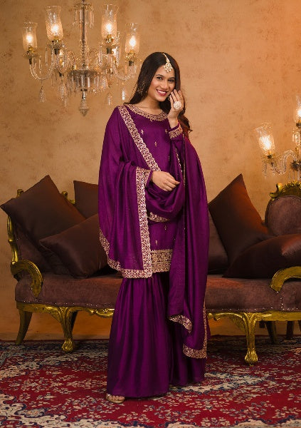 Purple embroidered sharara suit for women with dupatta

