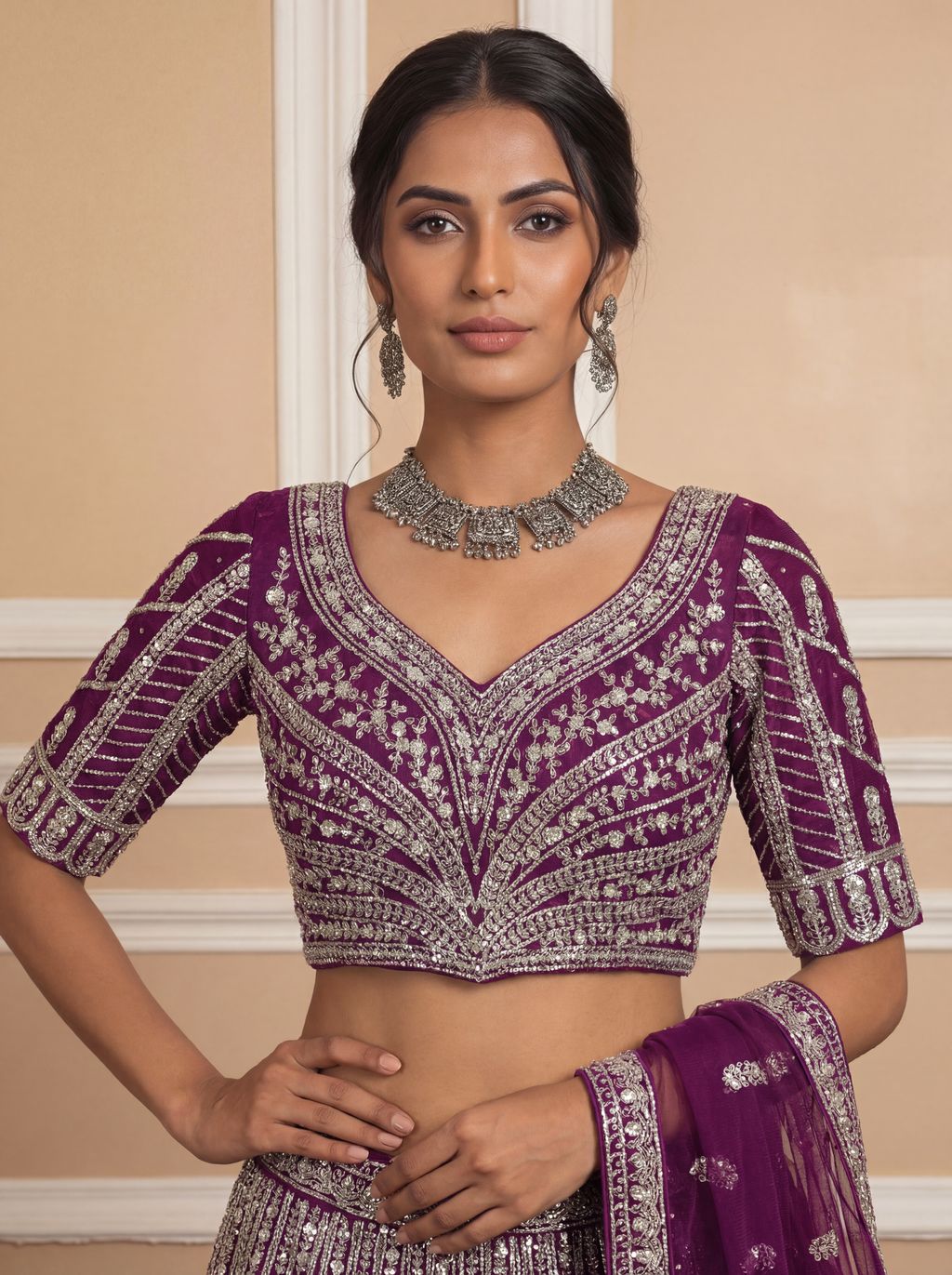 Purple Pure Soft Net Heavy Embroidery Work Bridal Lehenga