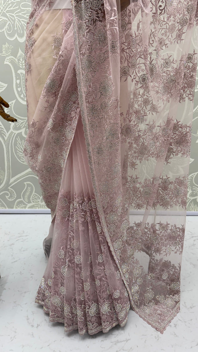 Lavender Pure Premium Net Handwork Kasti &amp; Motif Zari Metallic Sequins Work Wedding Saree