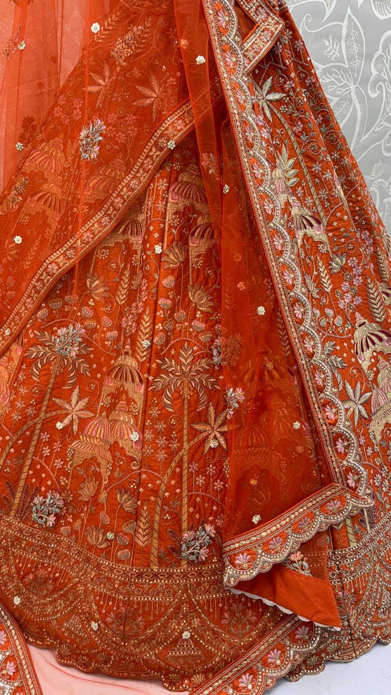 Orange Pure Soft Silk Heavy Embroidery Work Bridal Lehenga 