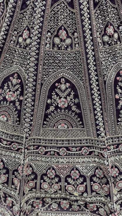 Purple Pure Soft Satin Silk Heavy Embroidery Work Bridal Lehenga