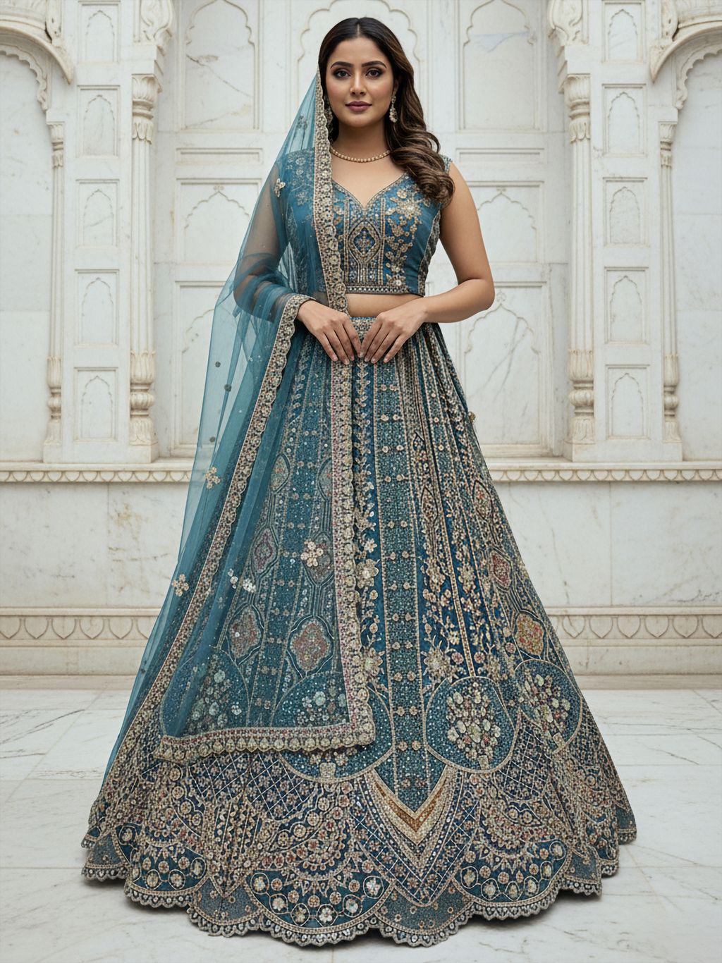 Firozi Pure Soft Orgenza Sequins Work Bridal Lehenga Choli