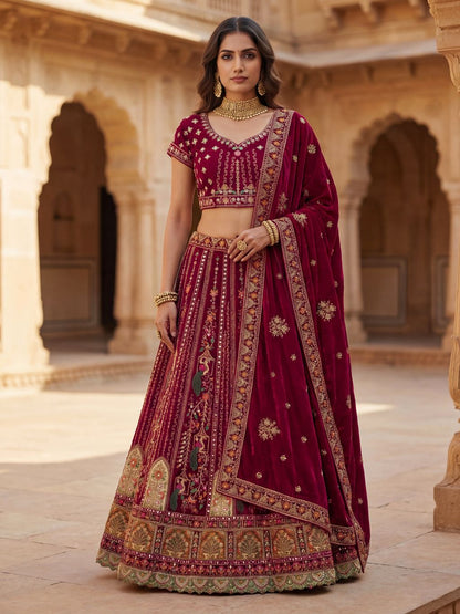 Pink Pure Soft Velvet Heavy Embroidery Patch Work Bridal Lehenga