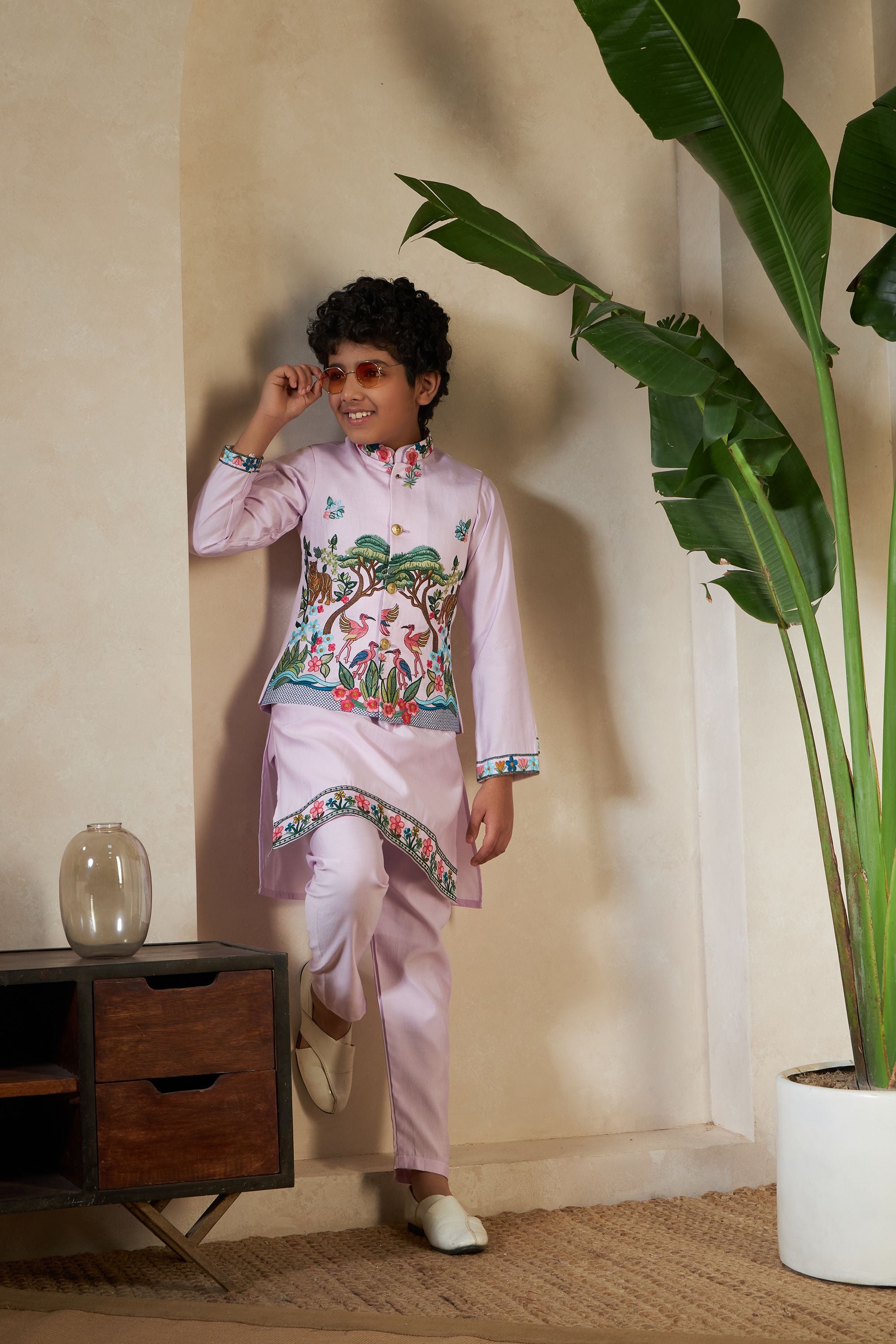 Lavender Pure Viscose Silk Silk Kids Boy Kurta Pajama With Koti Jacket 