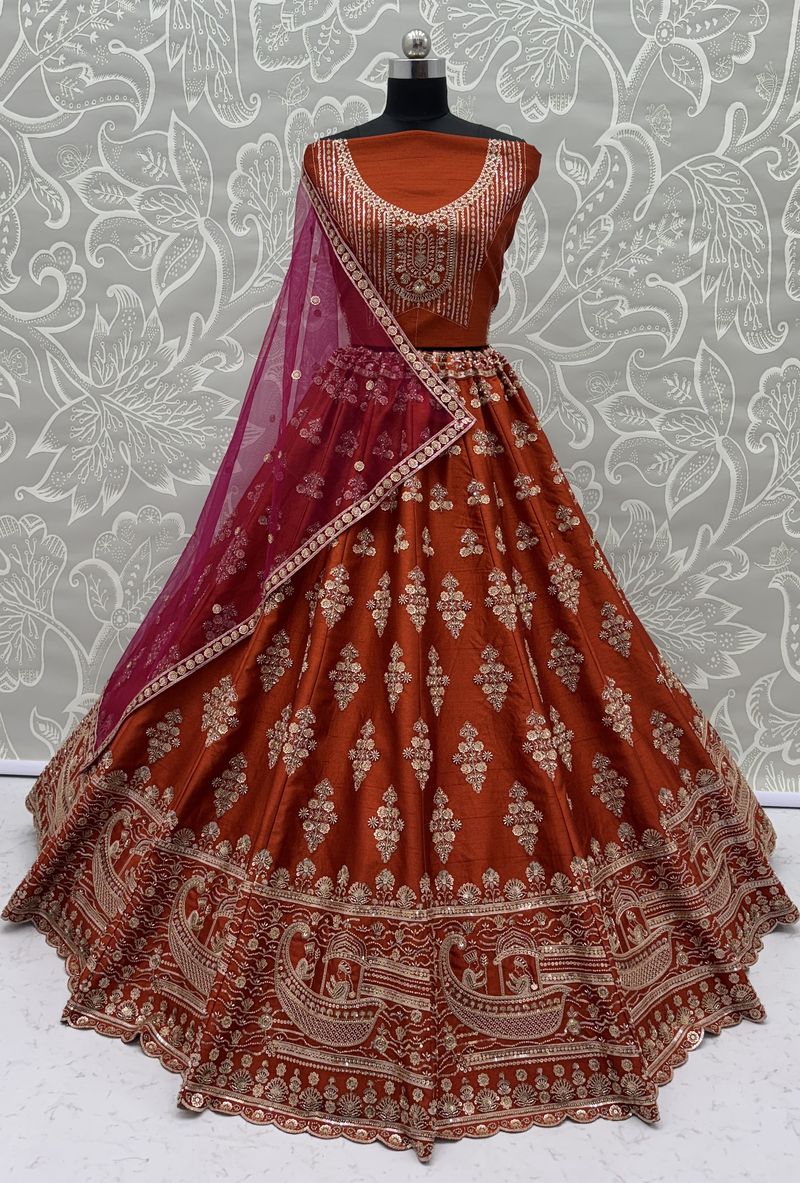 Orange Pure Soft Heavy Silk Sequins Embroidery Work Bridal Lehenga 