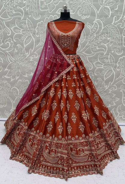 Orange Pure Soft Heavy Silk Sequins Embroidery Work Bridal Lehenga 