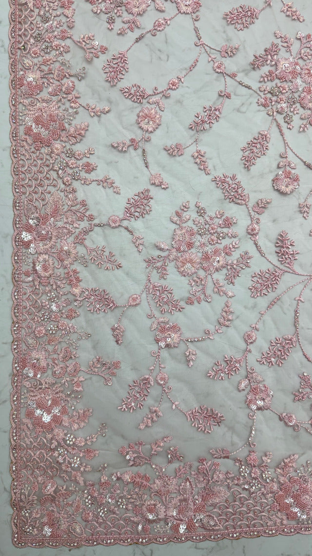 Pink Pure Premium Net Handwork Kasti &amp; Motif Zari Metallic Sequins Work Wedding Saree