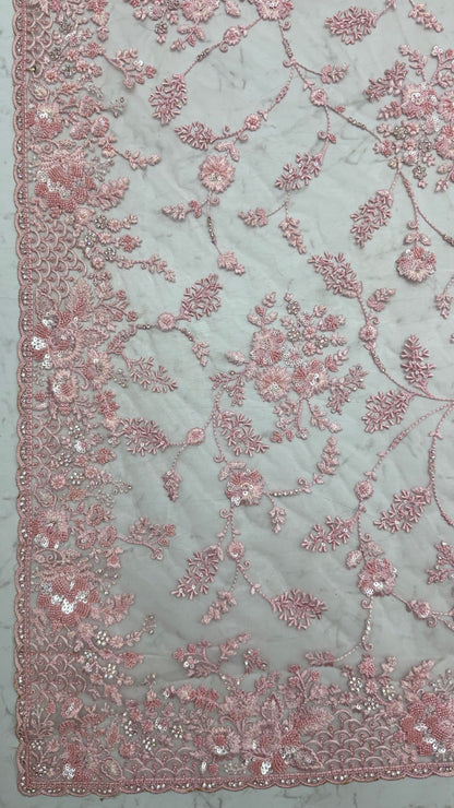 Pink Pure Premium Net Handwork Kasti &amp; Motif Zari Metallic Sequins Work Wedding Saree
