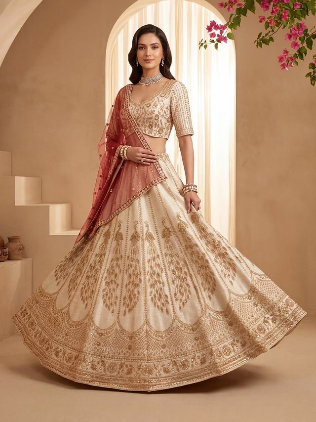 Off White Pure Soft Heavy Net Sequins Embroidery Work Bridal Lehenga Choli 