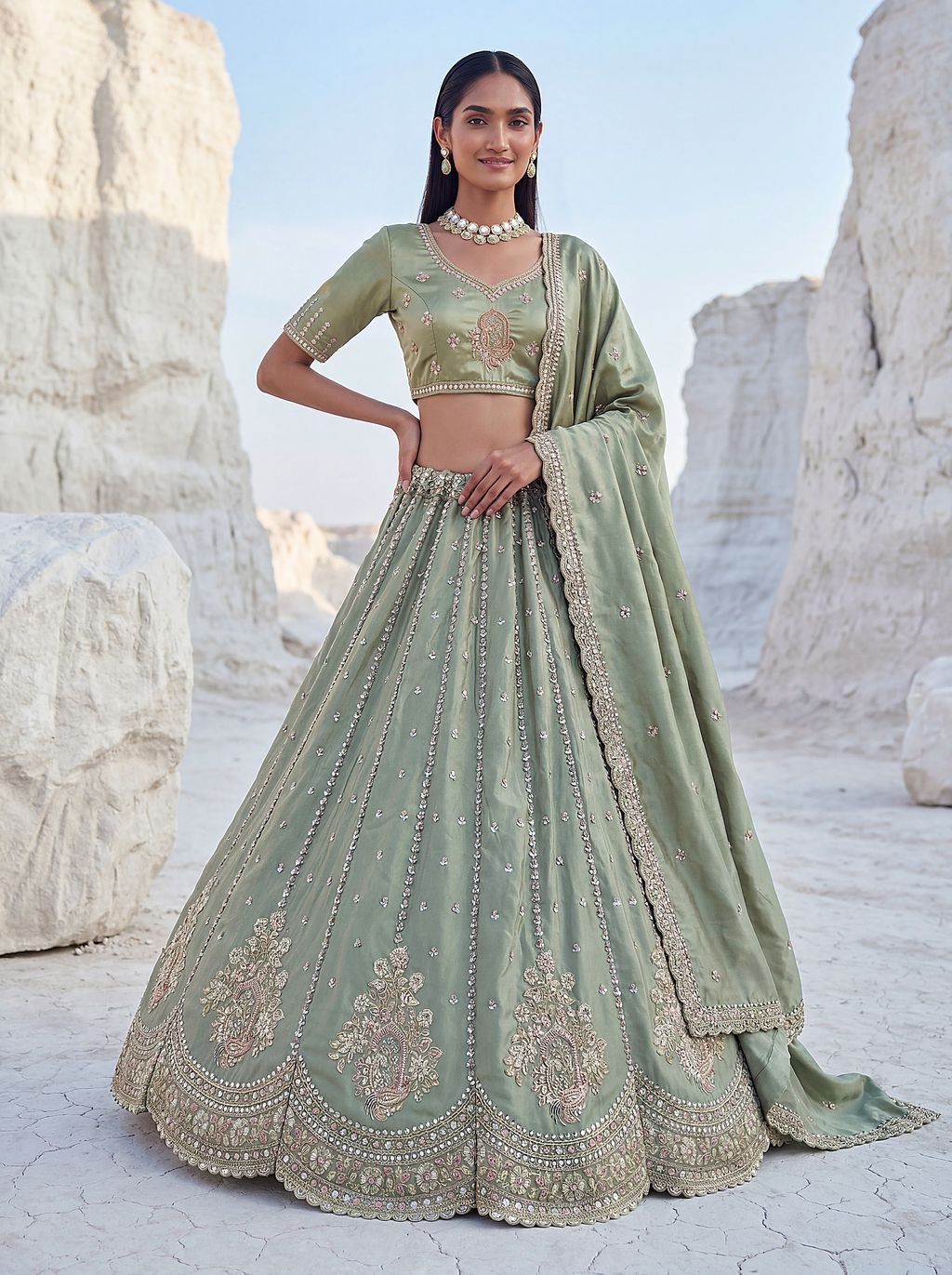 Pista Pure Soft Silk Heavy Sequins Embellishment Work Bridal Lehenga Choli 