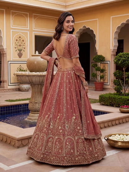 Peach Orange Pure Soft Heavy Fendi Orgenza Sequins Embroidery Work Bridal Lehenga 