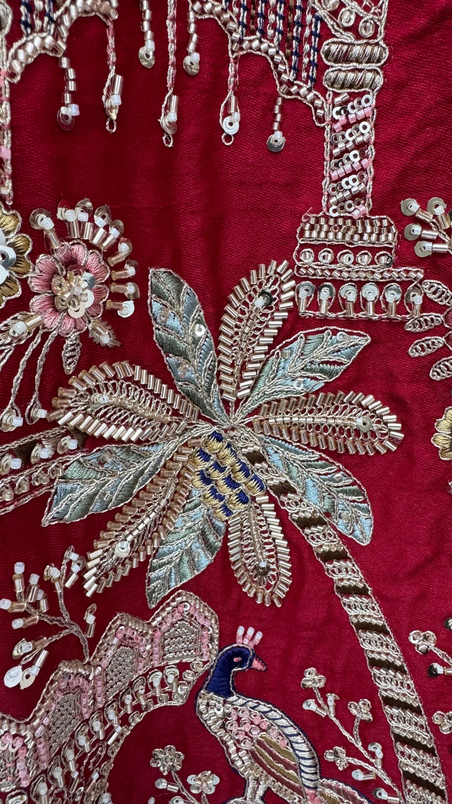 Red Pure Soft Multi Color Motif Multi thread Embroidery Sequins Work Bridal Lehenga Choli