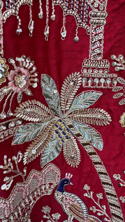 Red Pure Soft Multi Color Motif Multi thread Embroidery Sequins Work Bridal Lehenga Choli