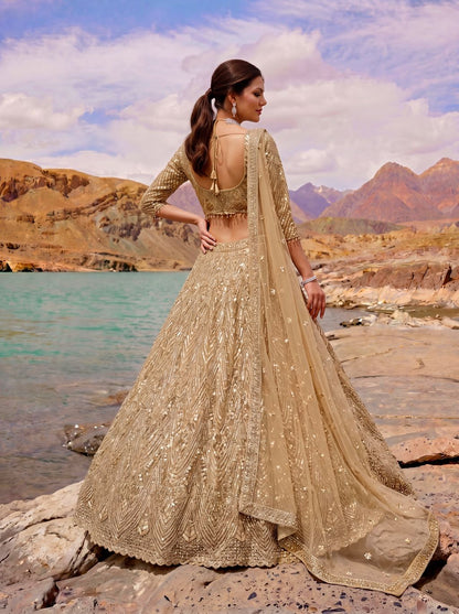 Golden Pure Soft Heavy Net Fancy Embroidery Work Bridal Lehenga Choli