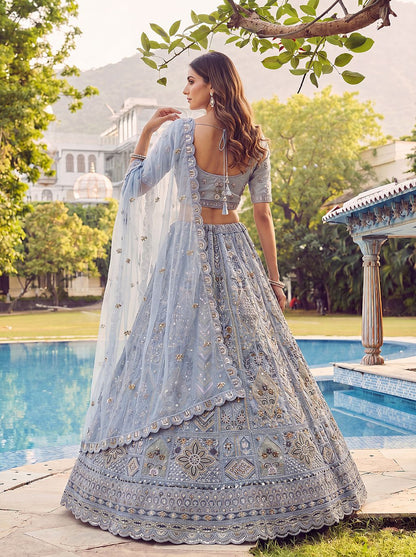 Sky Pure Soft Heavy Net Fancy Embroidery Work Bridal Lehenga Choli