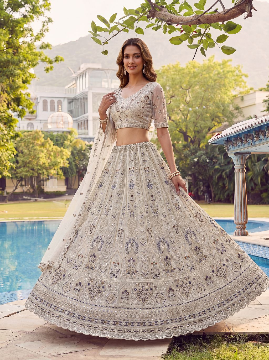 White Pure Soft Heavy Net Fancy Embroidery Work Bridal Lehenga Choli