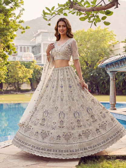 White Pure Soft Heavy Net Fancy Embroidery Work Bridal Lehenga Choli