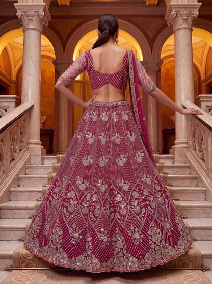 Rani Pure Heavy Net Motif Handwork Zari Sequins Work Bridal Lehenga Choli